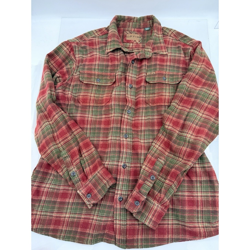 Orvis Large Flannel Button Down Red Green Plaid Workwear Shirt Cabin Classic - Picture 1 of 12